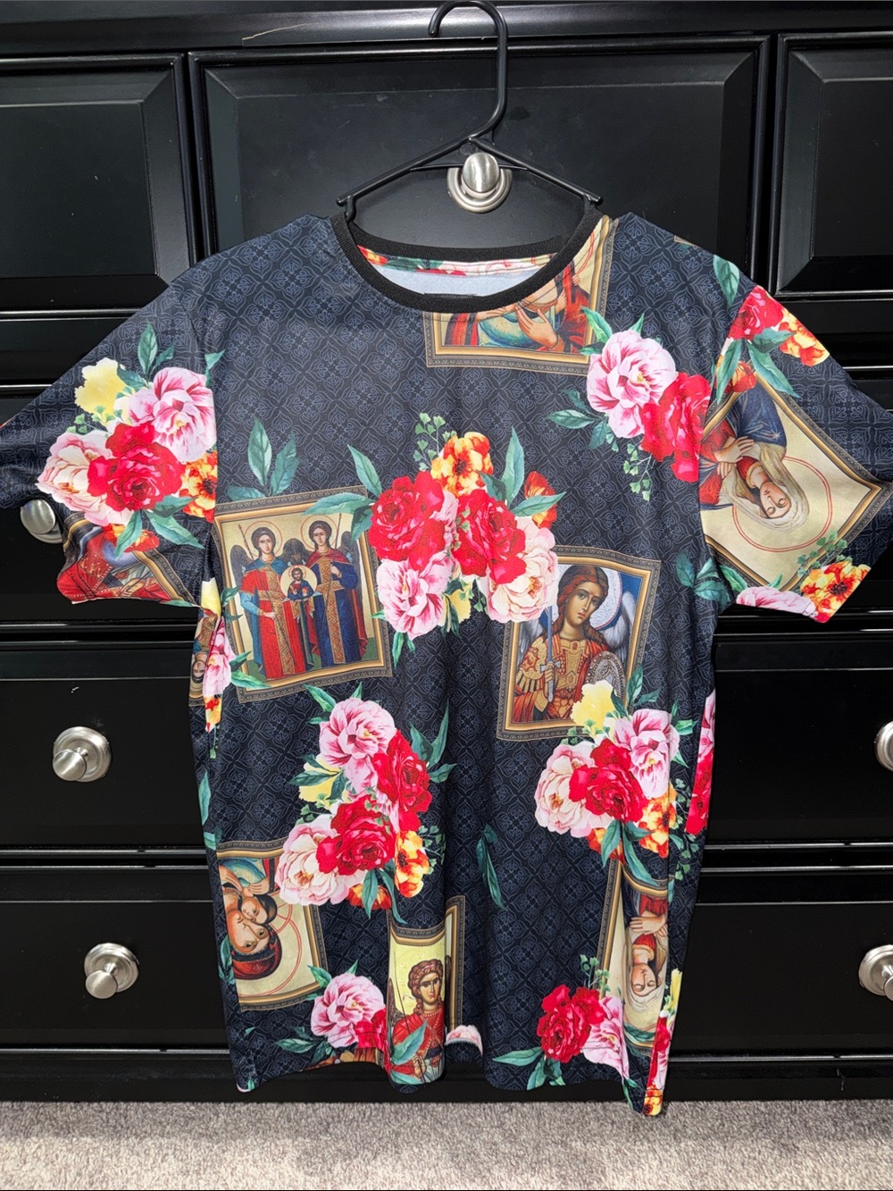 Fashion Nova Men Floral & Icon Graphic Tee - Black with Red & Pink Roses